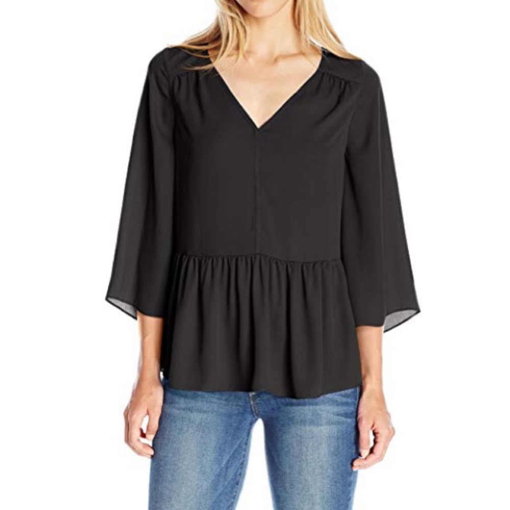 Black Bell Sleeves V Neck Blouse, 3/4 Sleeves, Size M, Ruffled Hem NWT